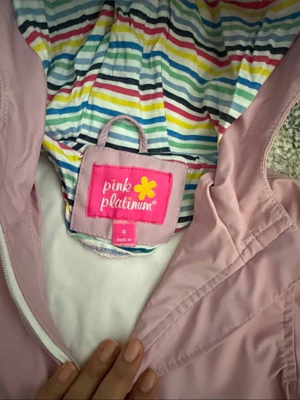 Girls' Pink Hooded Raincoat with Striped Lining